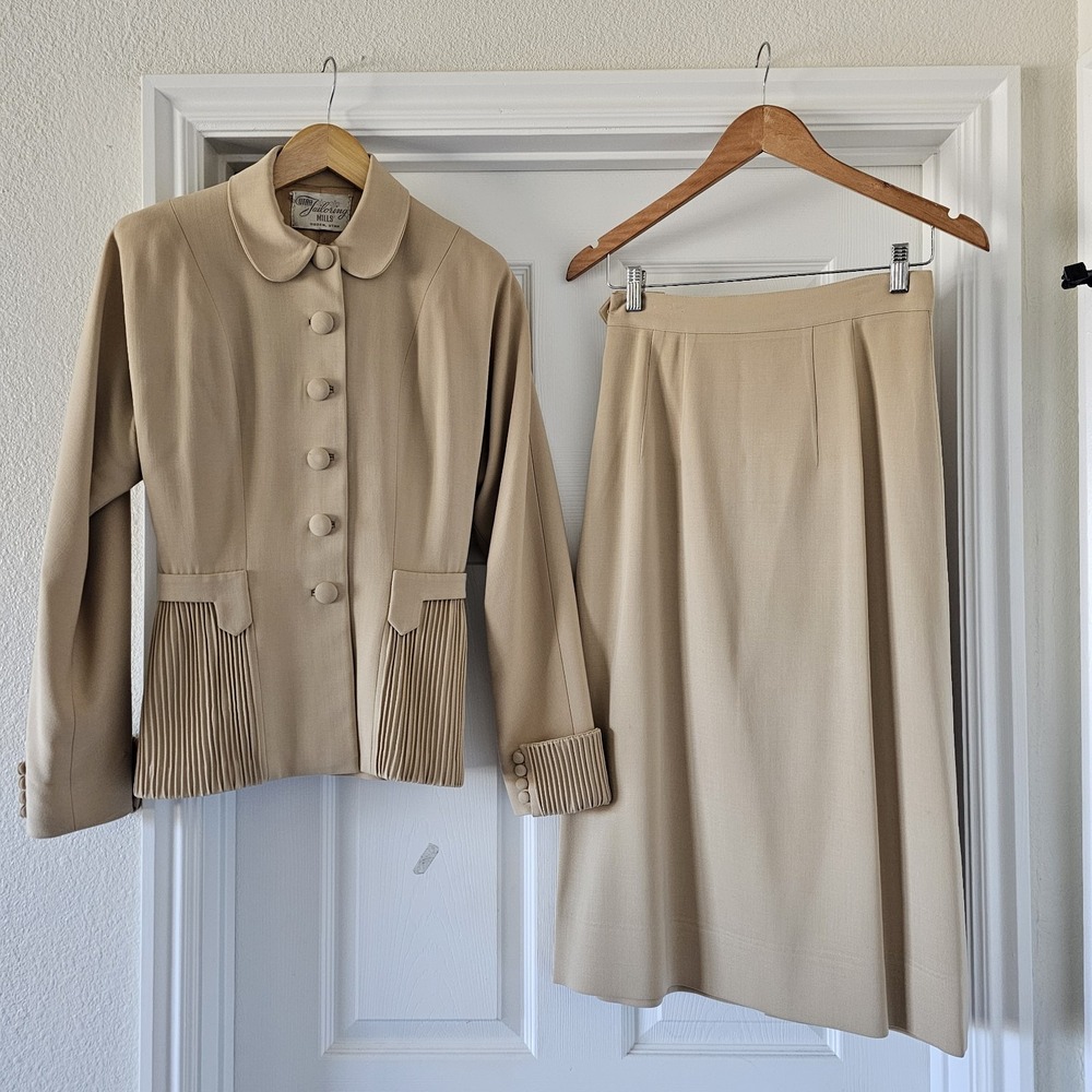 1940s 1950s Fortsmann 100% Wool Tan Sandy Beige Pencil Skirt Fitted Suit Set #74